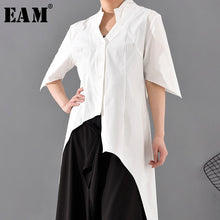 Load image into Gallery viewer, [EAM] Women Asymmetrical Split Joint Long Blouse New V-collar Half Sleeve Loose Fit Shirt Fashion Spring Summer 2020 1S54300
